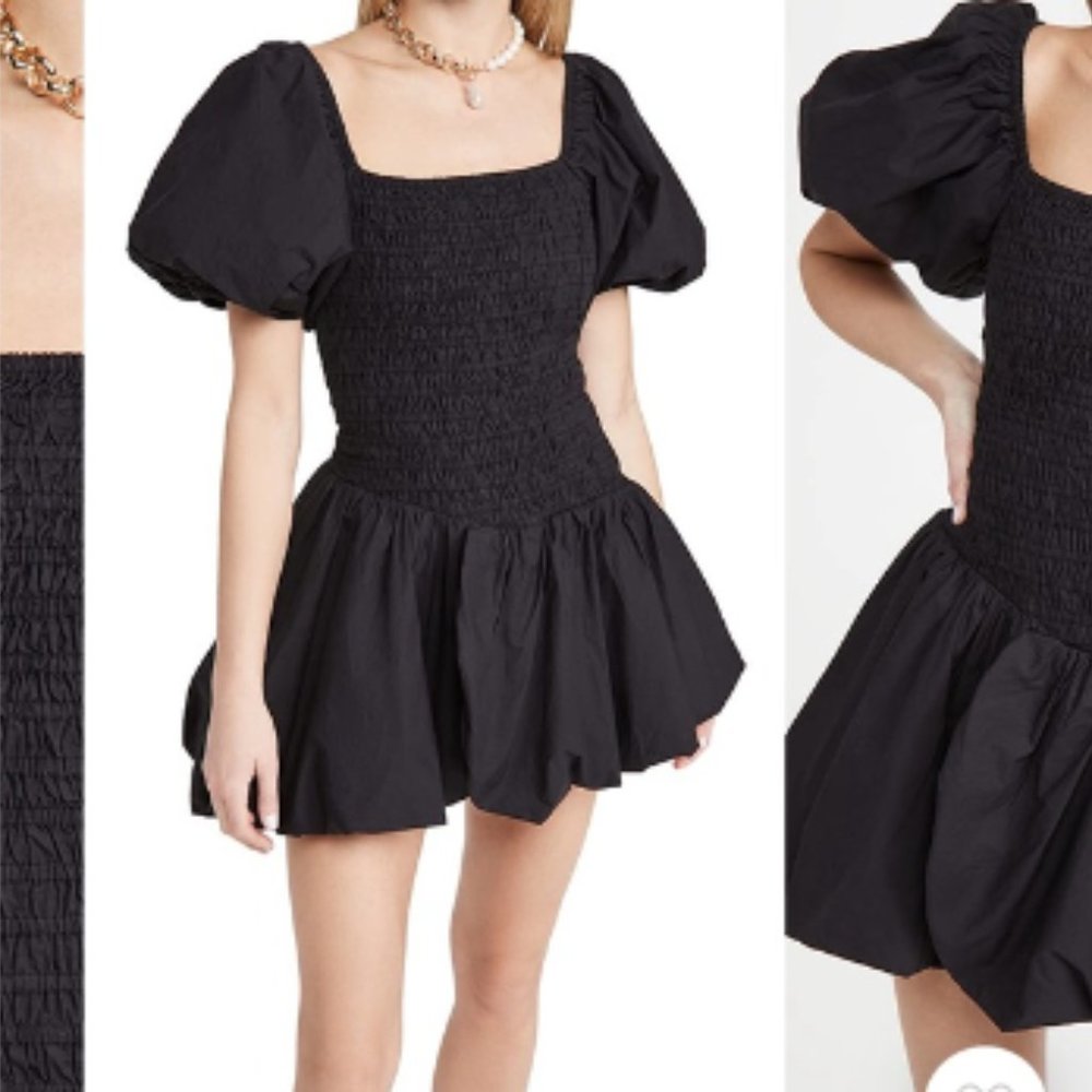 LoveShackFancy Black Puff Sleeve Bubble Shirred Asa Dress XS $400